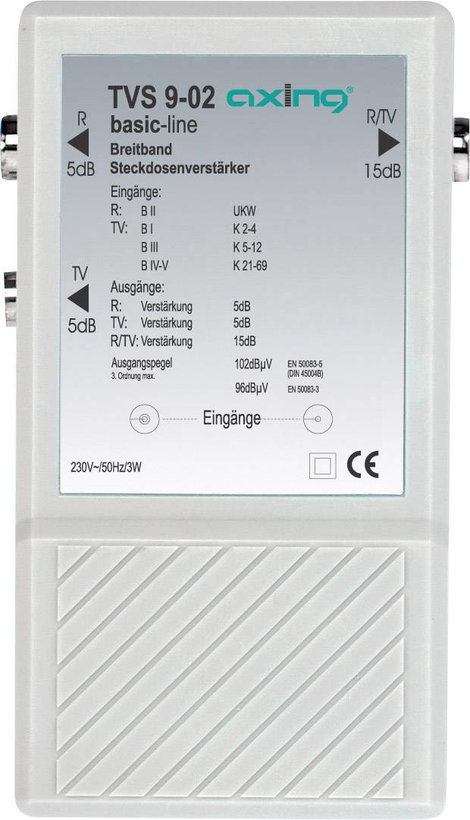 Antenna jelerősítő és elosztó, szélessávú +10dB Axing TVS 9-02