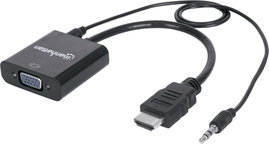 HDMI - VGA átalakító adapter, 1x HDMI dugó - 1x VGA, 3,5 mm-es jack aljzat, fekete, Manhattan