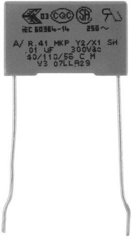 MKP zavarszűrő kondenzátor, radiális 10 nF 300 V 20 % 15 mm, 18 x 5 x 11 Kemet R413I21000000M