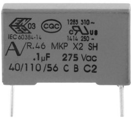 MKP zavarszűrő kondenzátor, radiális 2,2 µF 275 V 20 % 27,5 mm, 32 x 14 x 28 Kemet R46KR422000M1M