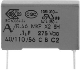 MKP zavarszűrő kondenzátor, radiális 100 nF 275 V 20 % 15 mm, 18 x 5 x 11 Kemet R46KI310000M1M