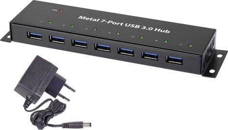 USB 3.0 hub, fém, hálózati adapterrel, 7 portos, Renkforce