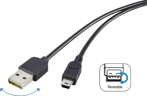 USB 2.0 A/Mini-B csatlakozókábel 1,8 m, megfordítható dugóval
