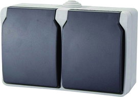 Kültéri IP54 védett falon kívüli, egybeépített kettős konnektor, gyermekvédelemmel, szürke színű GAO
