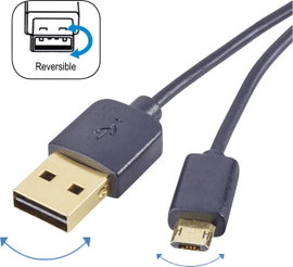 USB - Mikro USB átalakító kábel, megfordítható micro USB csatlakozóval 1m, fekete, Renkforce