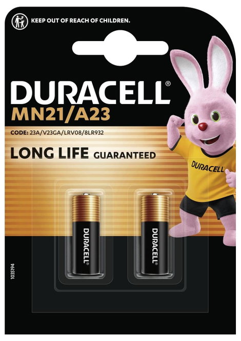 23A alkáli elem, távirányító elem, 12V 33 mAh, 2 db, Duracell A23, E23A, V23A, V23PX, V23GA, L1028,