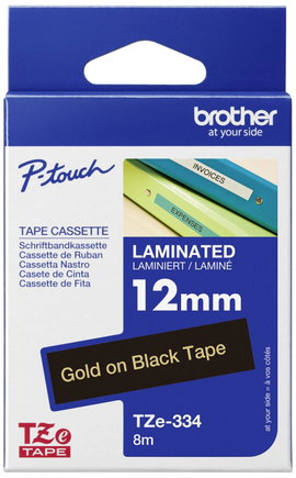 Feliratozó szalag Brother TZe-334 Szalagszín: Fekete Szövegszín:Arany 12 mm 8 m