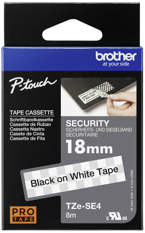 Feliratozó szalag, biztonsági Brother TZe-SE4 Szalagszín: Fehér Szövegszín:Fekete 18 mm 8 m