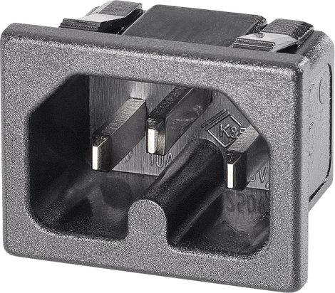 Beépíthető hálózati műszercsatlakozó dugó, függőleges, 3 pól., 10 A, fekete, C16, K&B 42R023211V01
