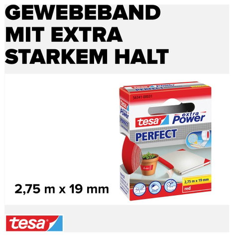 Szövetbetétes ragasztószalag, piros 2,75 m x 19 mm, tesa® extra Power 3. kép