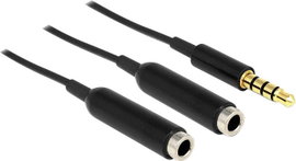 Jack Y elosztó kábel, 1x 3,5 mm jack dugó - 2x 3,5 mm jack aljzat, 0,25 m, fekete, Delock