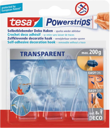 Kétoldalas ragasztós akasztó, átlátszó, TESA®POWERSTRIPS® Deco 2. kép