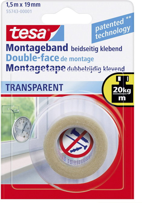 TESA® kétoldalas szerelőszalag, átlátszó, 1,5 m 19 mm