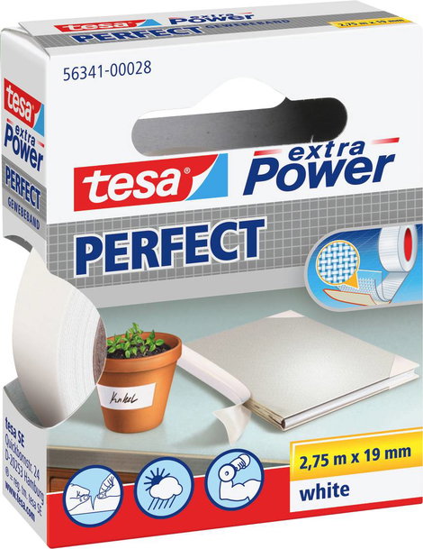 Szövetbetétes ragasztószalag fehér, 2,75 m x 19 mm, tesa® EXTRA POWER