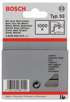 Tűzőkapocs, 53-as típus, 11,4 x 0,74 x 8 mm, rozsdamentes acél 1000 db Bosch 2609200215