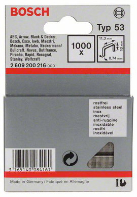 Tűzőkapocs, 53-as típus, 11,4 x 0,74 x 10 mm, rozsdamentes acél 1000 db Bosch 2609200216