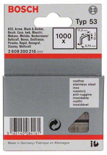 Tűzőkapocs, 53-as típus, 11,4 x 0,74 x 10 mm, rozsdamentes acél 1000 db Bosch 2609200216