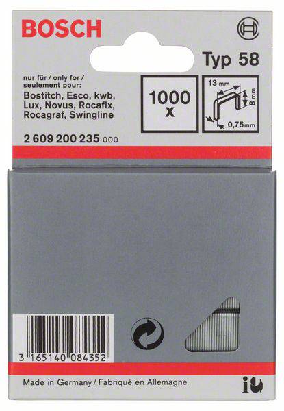 Tűzőkapocs, 58-as típus, 13 x 0,75 x 8 mm, 1000 db Bosch 2609200235