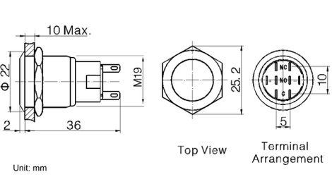 Nyomógomb, fém színű 250 V/AC 3 A 1 x BE/(BE) TRU COmPONENTS LAS1-AGQ-11/S IP65 2. kép
