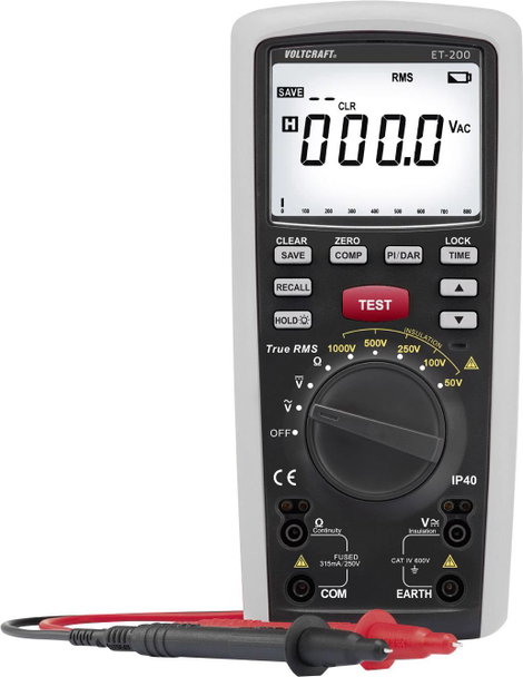 Szigetelés teszter, szigetelés vizsgáló műszer 50/100/250/500/1000 V 0.01 MΩ - 20 GΩ Voltcraft ET-20