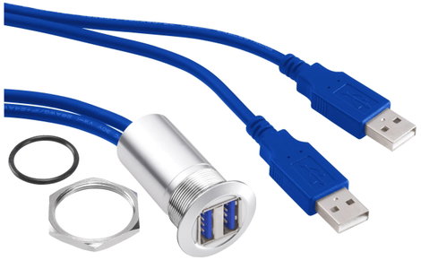 Beépíthető USB aljzat, 2x USB 3.0 aljzat A, 2x USB 3.0 dugó A, ezüst/kék, Tru Components USB-13 1313