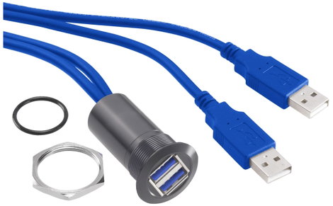 Beépíthető USB aljzat, 2x USB 3.0 aljzat A, 2x USB 3.0 dugó A, fekete/kék, Tru Components USB-13-BK
