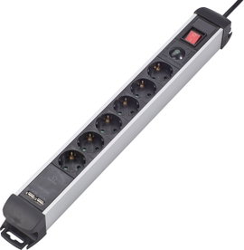 Hálózati elosztó túlfeszültség védelemmel, kapcsolós, 6 részes, USB töltővel, fekete/ezüst, renkforc