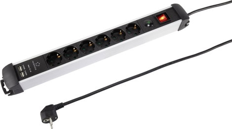 Hálózati elosztó túlfeszültség védelemmel, kapcsolós, 6 részes, USB töltővel, fekete/ezüst, renkforc 3. kép