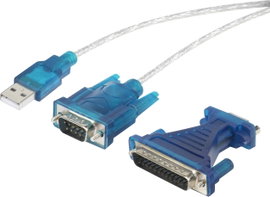 USB soros átalakító kábel, USB-ről D-SUB 9 pólusú + D-SUB 25 pólusú csatlakozóra, aranyozott, renkfo