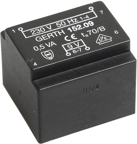 EE 20/10,5 Nyák transzformátor, 230 V / 6 V 83 mA 0,5 VA Gerth