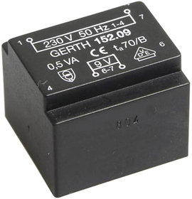 EE 20/10,5 Nyák transzformátor, 230 V / 9 V 55 mA 0,5 VA Gerth