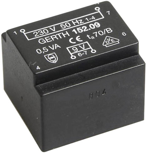 EE 20/10,5 Nyák transzformátor, 230 V / 9 V 55 mA 0,5 VA Gerth