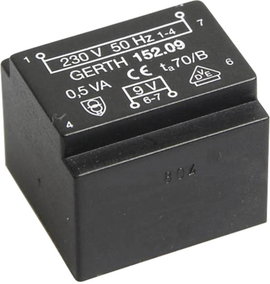 EE 20/10,5 Nyák transzformátor, 230 V / 2 x 6 V 41 mA 0,5 VA Gerth