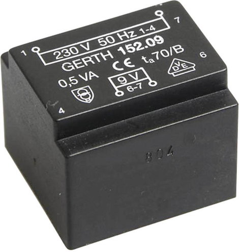 EE 20/10,5 Nyák transzformátor, 230 V / 2 x 6 V 41 mA 0,5 VA Gerth