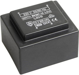 EI 38/13,6 Nyák transzformátor, 230 V / 2 x 12 V 150 mA 3,6 VA Gerth