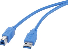 USB 3.0 csatlakozókábel, 1x USB 3.0 dugó A - 1x USB 3.0 dugó B, 0,5 m, kék, aranyozott, renkforce