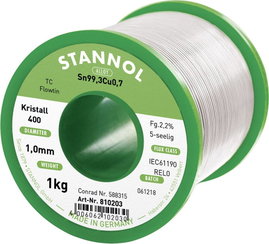 Stannol Ecology TC Forrasztóón, ólommentes Tekercs Sn99CU0,7 1000 g 1 mm