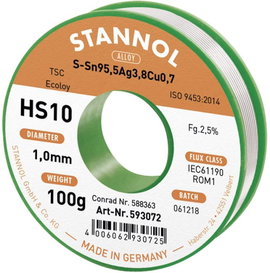 Ezüsttartalmú forrasztóón, forrasztóhuzal 1mm/100g Stannol HS10 2510 Sn95Ag4Cu1