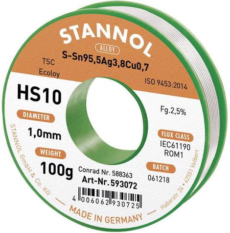 Ezüsttartalmú forrasztóón, forrasztóhuzal 1mm/100g Stannol HS10 2510 Sn95Ag4Cu1