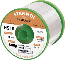 Stannol HS10 2510 Forrasztóón, ólommentes Tekercs Sn99,3Cu0,7 500 g 1 mm