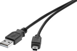 USB 2.0 csatlakozókábel, 1x USB 2.0 dugó A - 1x USB 2.0 dugó mini B, 0,15 m, fekete, aranyozott, ren