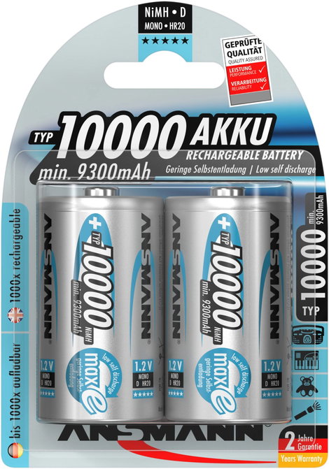 Góliát akku D NiMH, 1,2V 10000 mAh, 2 db, Ansmann maxE HR20, LR20, D, AM1, XL, MN1300, 813, E95, LR2 3. kép