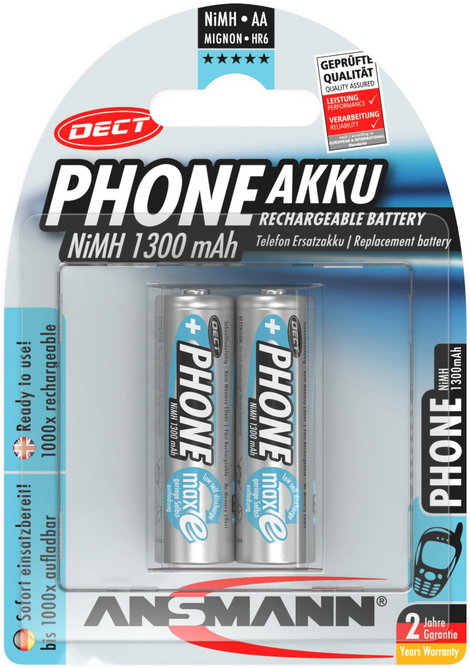 Ceruza akku AA, NiMH, 1,2V 1300 mAh, 2 db, Ansmann DECT maxE LR06, AA, LR6, AAB4E, AM3, 815, E91, LR 7. kép