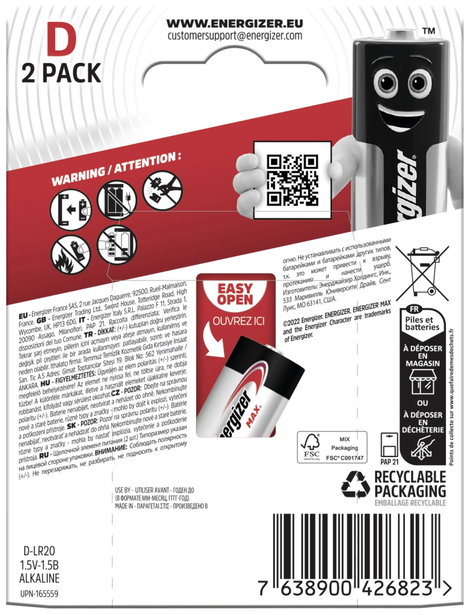 Góliát elem D, alkáli mangán, 1,5V, 2 db, Energizer Max LR20, D, AM1, XL, MN1300, 813, E95, LR20N, 1 4. kép