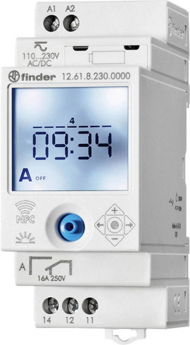 Digitális heti időkapcsoló, DIN sínes, 90 - 264 V DC/AC 1 váltó 16 A 250 V/AC 750 VA, Finder 12.61.8