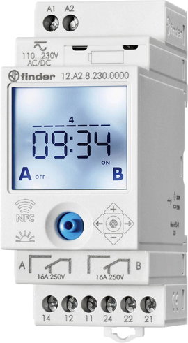Időkapcsoló óra asztro funkcióval, DIN sínes, 90 - 264 V DC/AC 2 váltó 16 A 250 V/AC 750 VA, Finder 