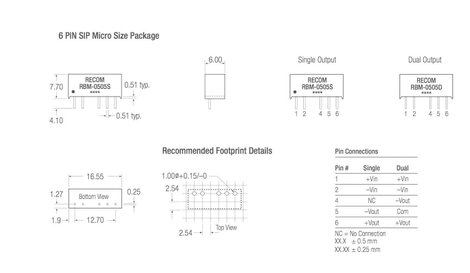 RECOM RBM-0505D DC/DC feszültségváltó, nyák 5 V/DC 5 V/DC, -5 V/DC 100 mA 1 W Kimenetek száma: 2 x T 2. kép