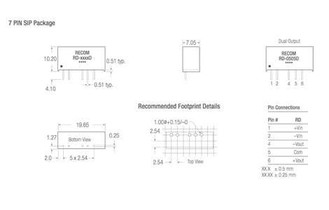 RECOM RD-0505D DC/DC feszültségváltó, nyák 5 V/DC 5 V/DC, -5 V/DC 200 mA 2 W Kimenetek száma: 2 x Ta 2. kép