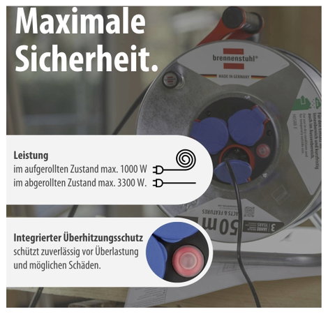 Kábeldob 50 m, IP44, szürke/fekete, 3 részes, H05RR-F 3 G 1,5 mm², 230V, Brennenstuhl 1198530 5. kép