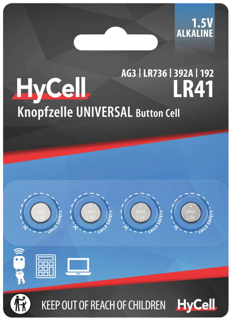 LR41 gombelem, alkáli mangán, 1,5V, 30 mAh, 4 db, HyCell AG3, V3GA, G3A, 3GA, 192, L736, LR736, RW87